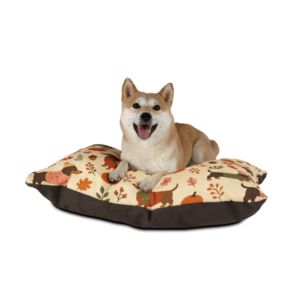 Autumn Dachshund Pet Bed — Cozy Fall Pumpkin & Sweater Dog Cushion
