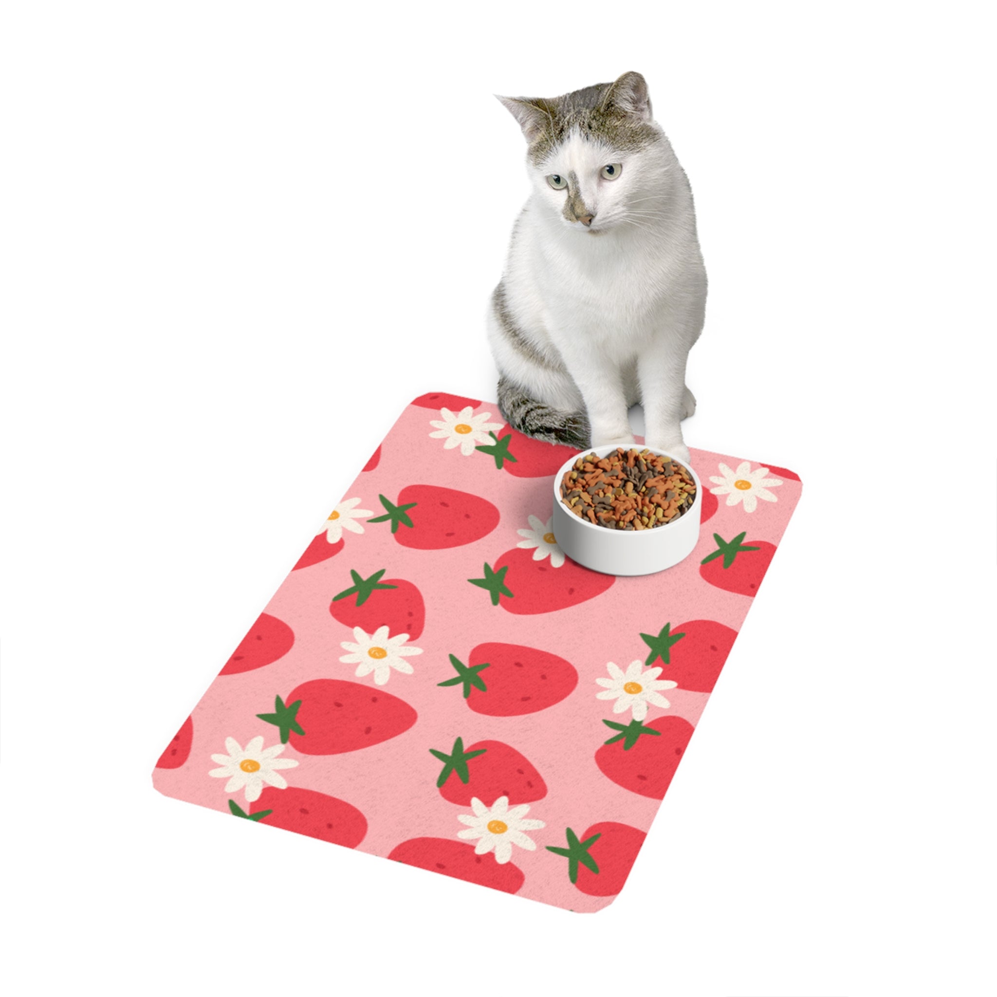 Strawberry Daisy Pet Food Mat (12x18)  Cute Non-Slip Feeding Placemat for Cats & Dogs