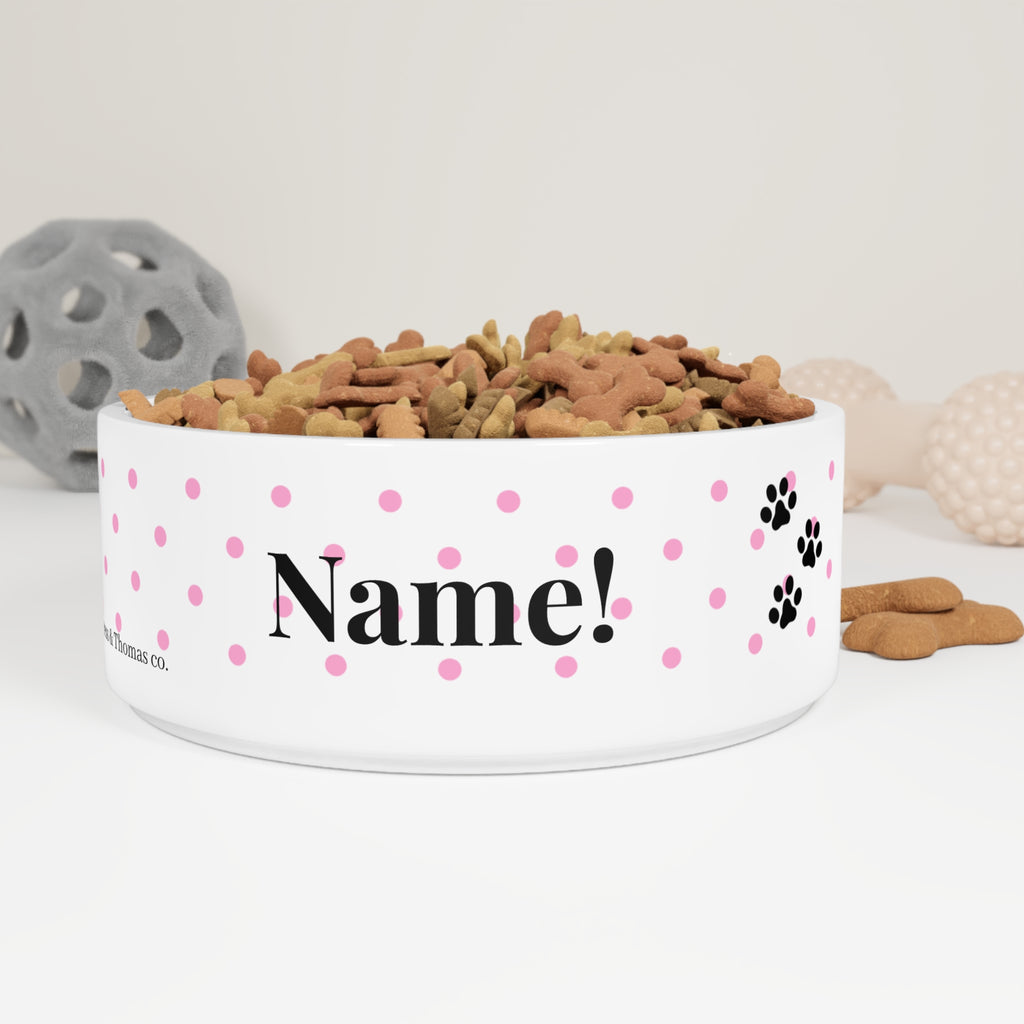 Personalizable Pink polkadot pet bowl | Paw print, pink polka dot ceramic