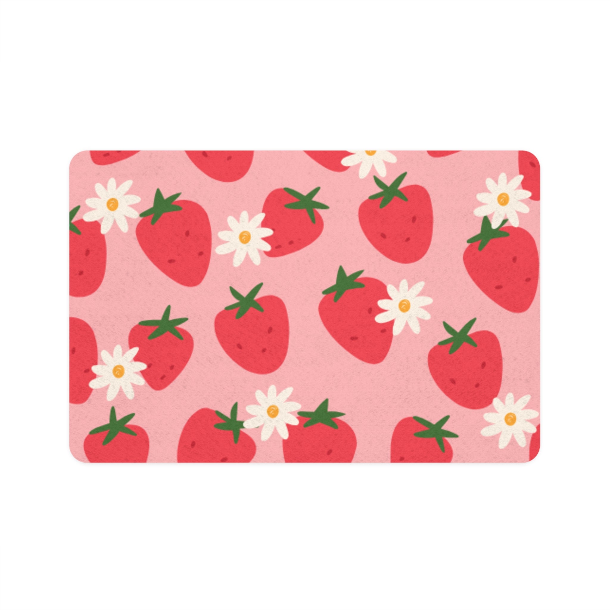 Strawberry Daisy Pet Food Mat (12x18)  Cute Non-Slip Feeding Placemat for Cats & Dogs