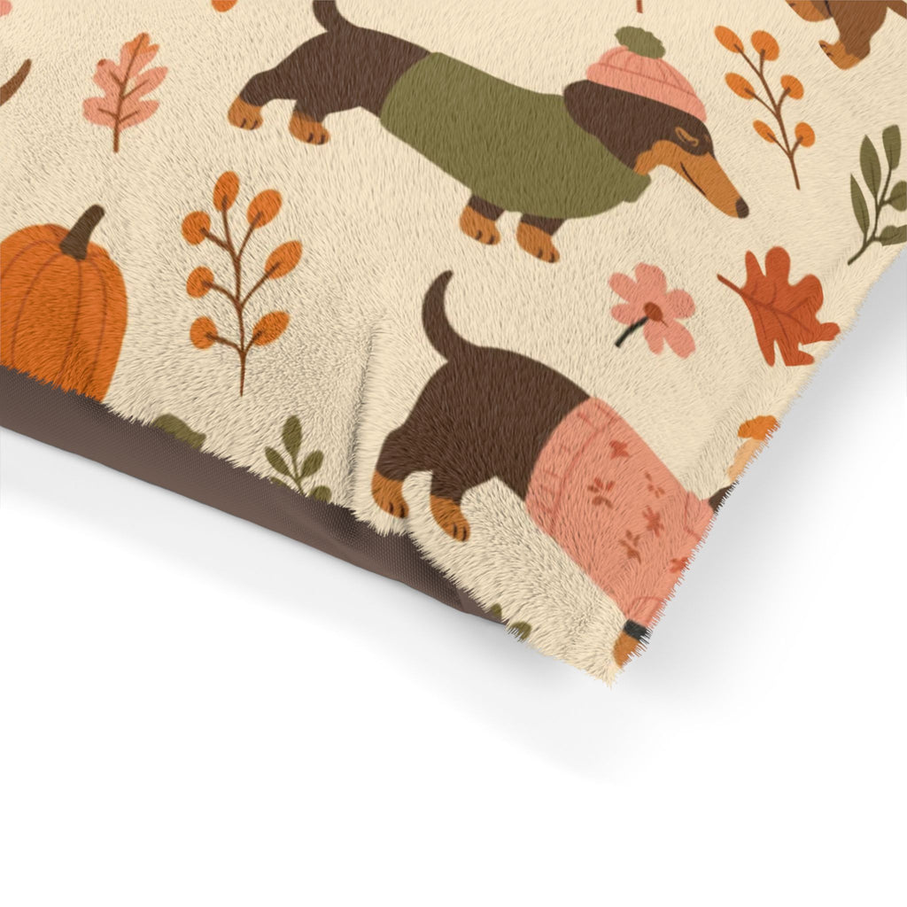 Autumn Dachshund Pet Bed — Cozy Fall Pumpkin & Sweater Dog Cushion