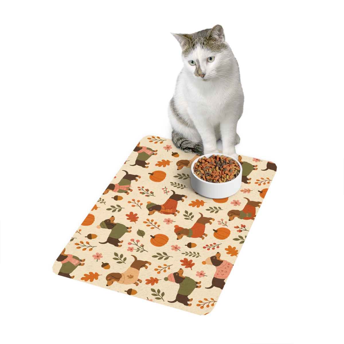 Autumn Dachshund Pet Food Mat (12x18)  Fall Pumpkins & Leaves Dog Bowl Placemat