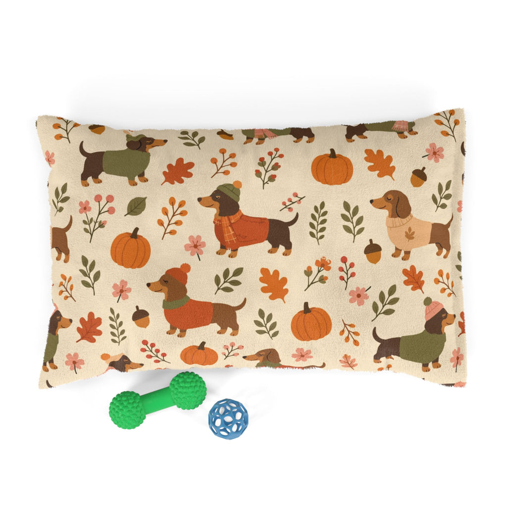 Autumn Dachshund Pet Bed — Cozy Fall Pumpkin & Sweater Dog Cushion