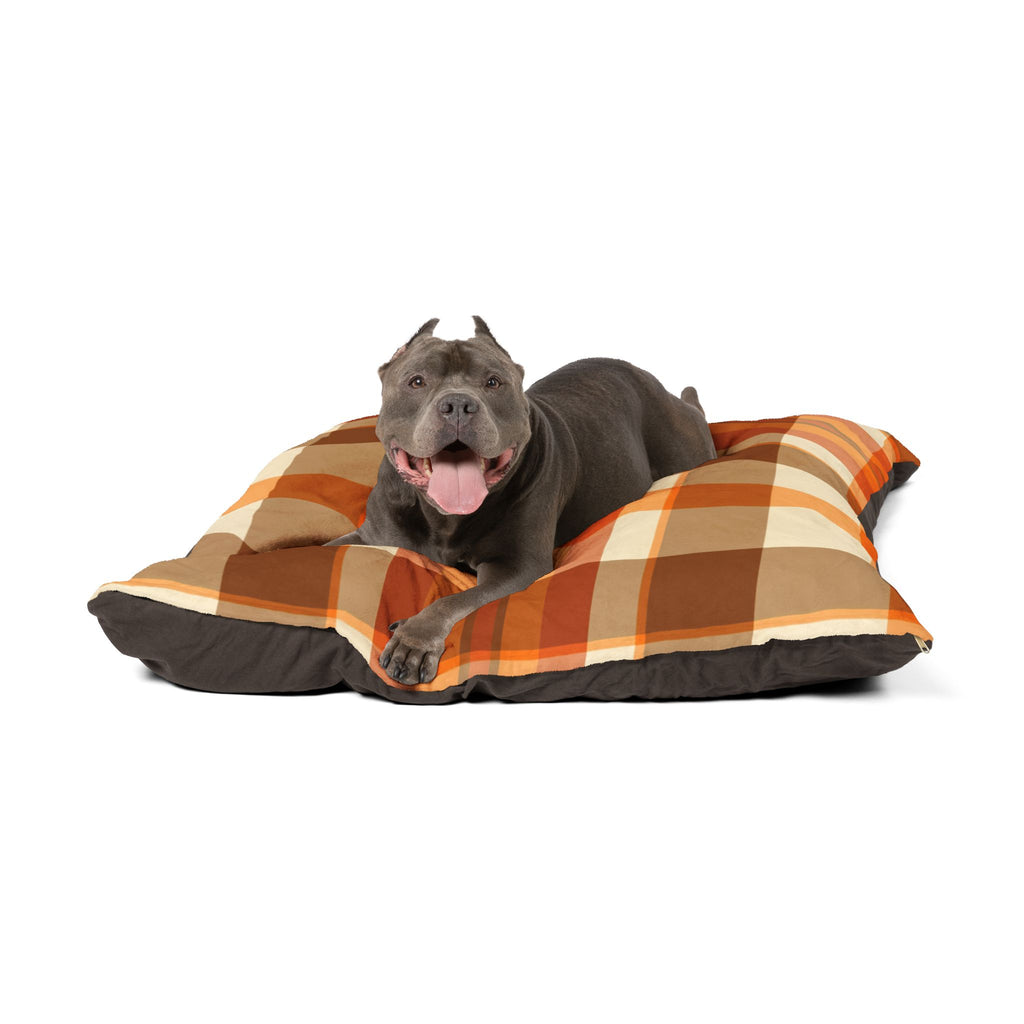 Cozy Autumn Plaid Pet Bed  Orange Buffalo Check Dog & Cat Pillow