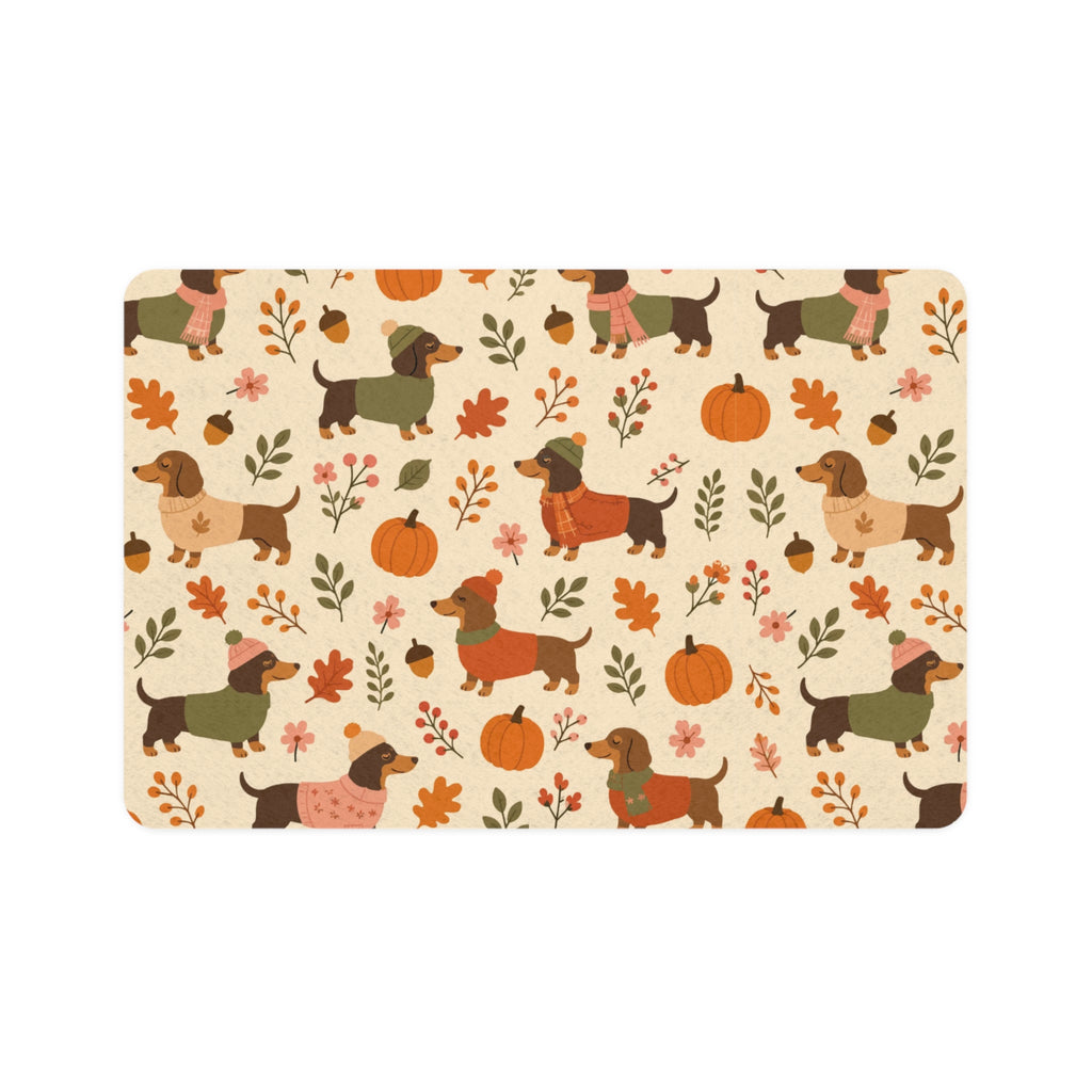 Autumn Dachshund Pet Food Mat (12x18)  Fall Pumpkins & Leaves Dog Bowl Placemat