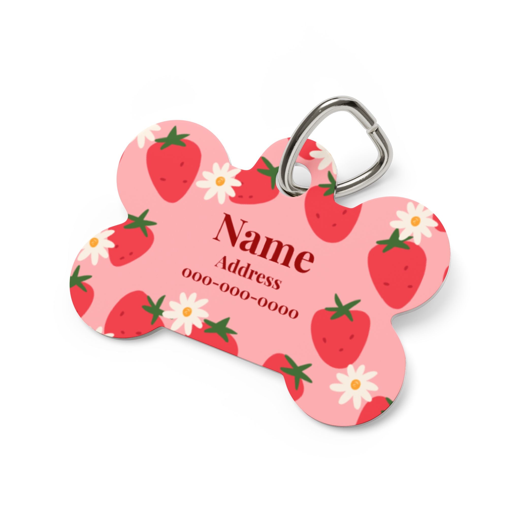 Strawberry Pattern Bone Pet Tag | Personalized Dog ID Tag with Name & Contact