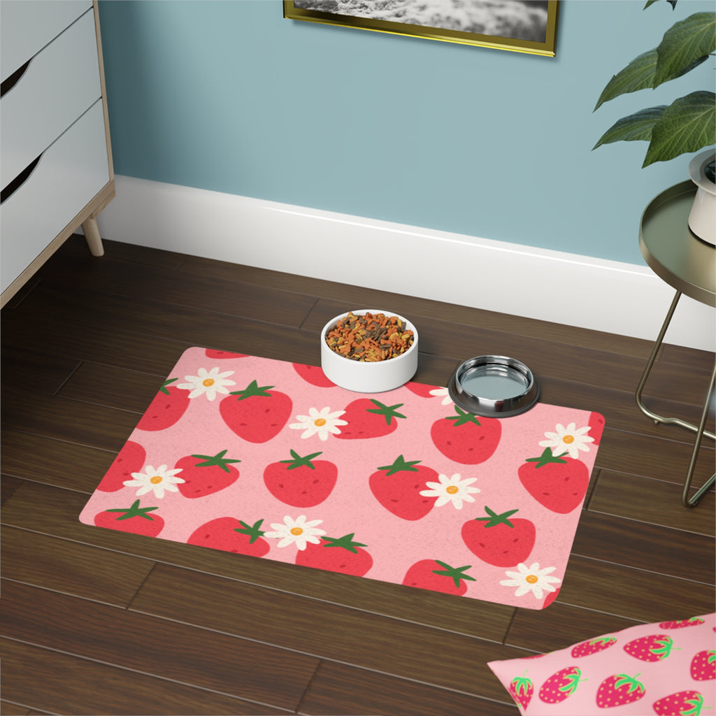 Strawberry Daisy Pet Food Mat (12x18)  Cute Non-Slip Feeding Placemat for Cats & Dogs