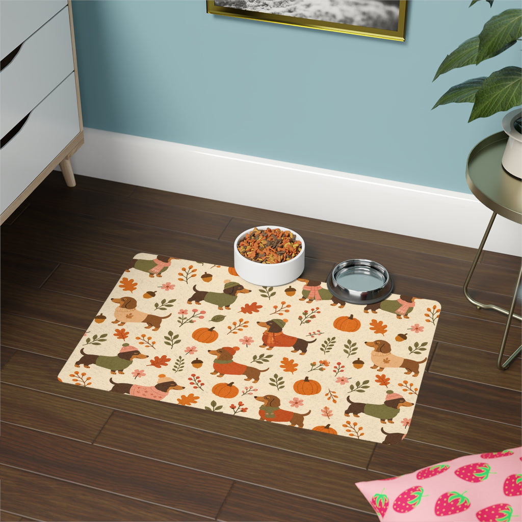 Autumn Dachshund Pet Food Mat (12x18)  Fall Pumpkins & Leaves Dog Bowl Placemat