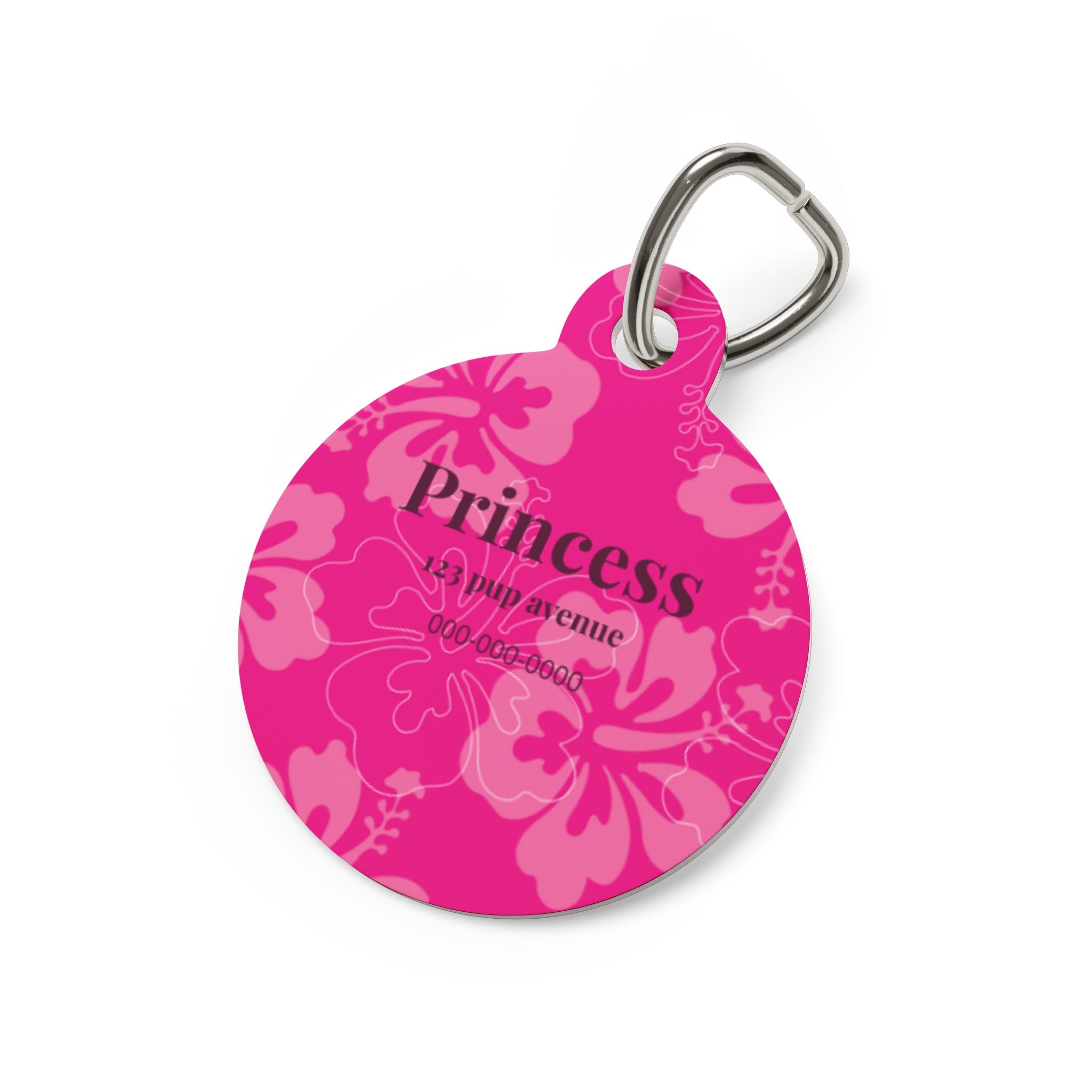 Princess Pink Floral Hibsicus Bone Pet Tag | Personalized Dog ID Tag