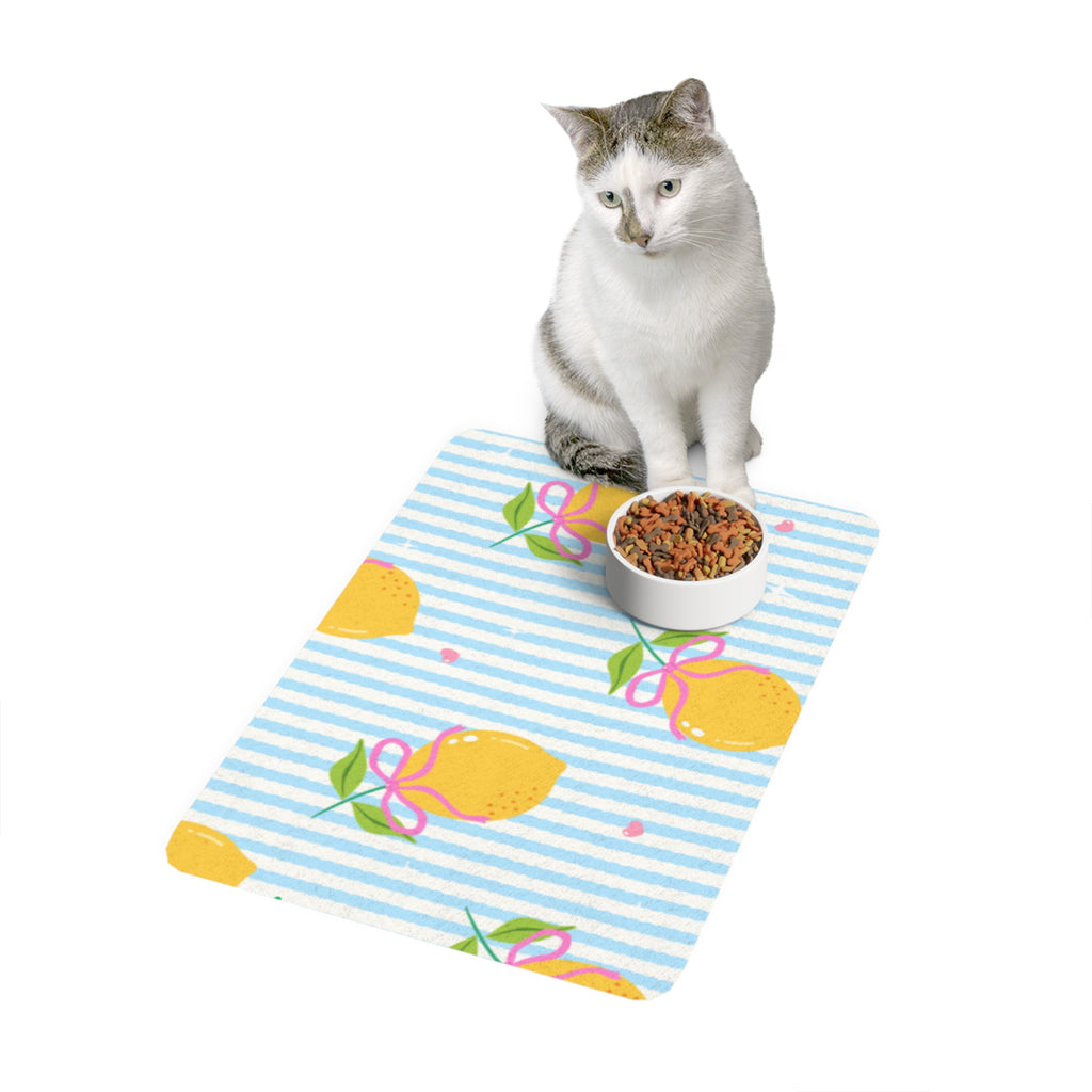 Lemon Stripe Pet Food Mat (12x18)  Cute Non-Slip Feeding Placemat for Cats & Dogs