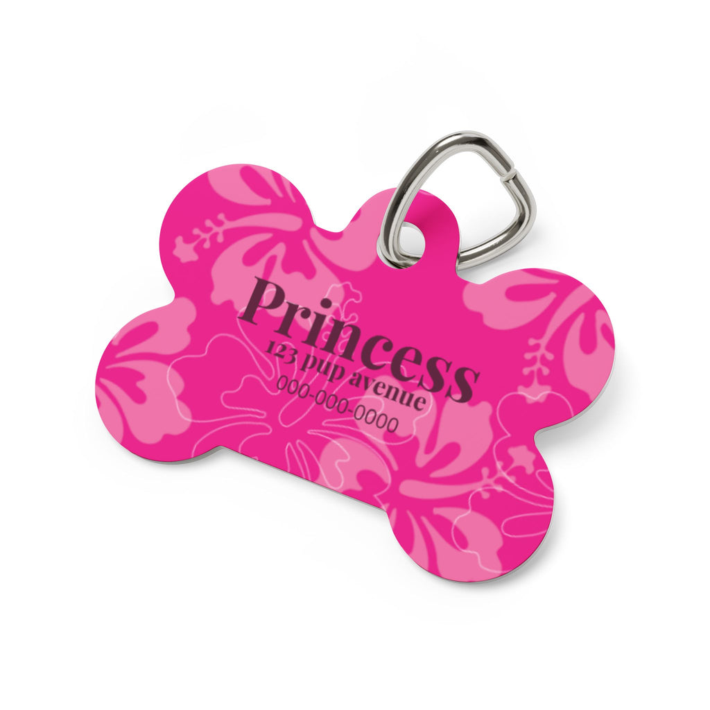 Princess Pink Floral Hibsicus Bone Pet Tag | Personalized Dog ID Tag