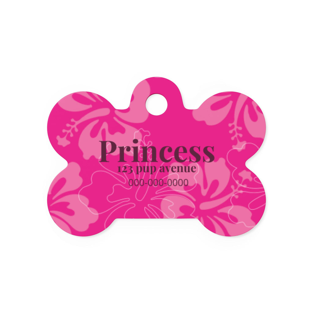 Princess Pink Floral Hibsicus Bone Pet Tag | Personalized Dog ID Tag