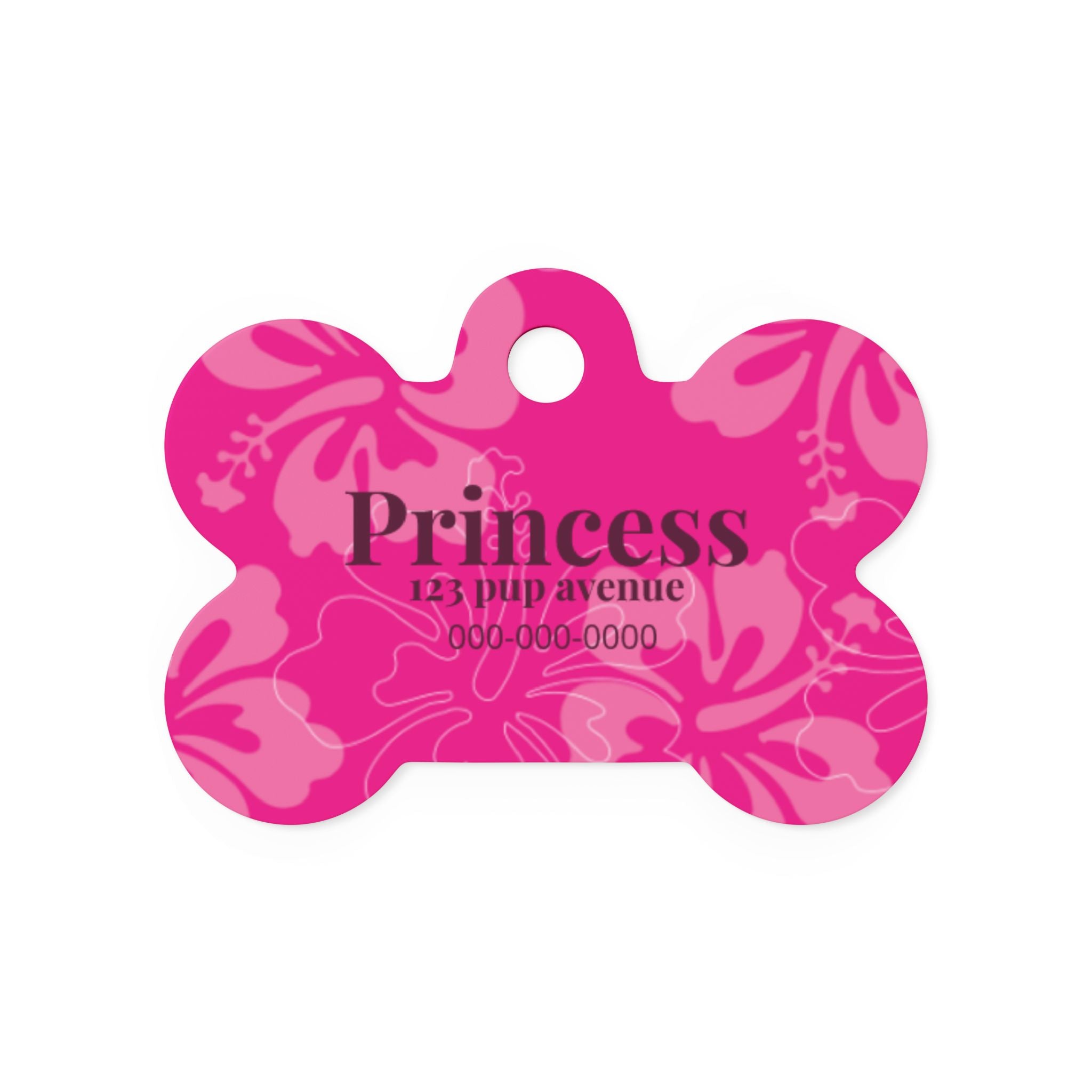 Princess Pink Floral Hibsicus Bone Pet Tag | Personalized Dog ID Tag