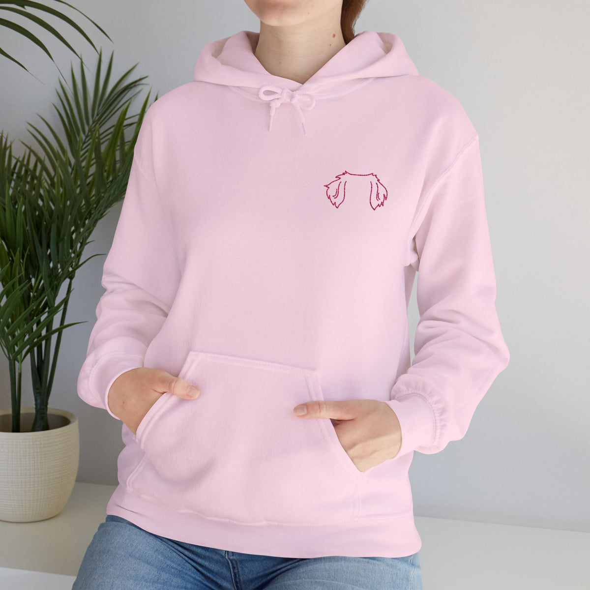 Minimal Pink Hoodie with Dog Ear Embroidery  Cute Cozy Pullover