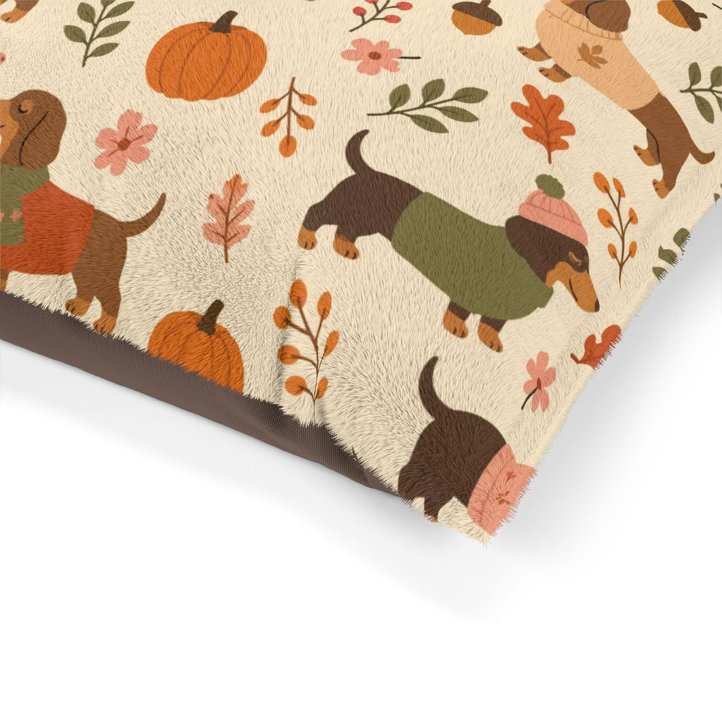 Autumn Dachshund Pet Bed — Cozy Fall Pumpkin & Sweater Dog Cushion