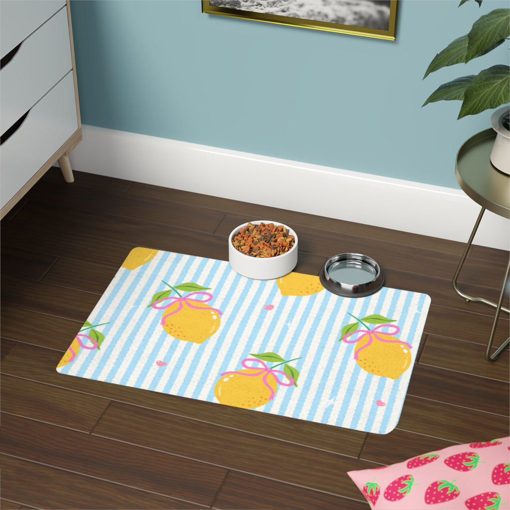 Lemon Stripe Pet Food Mat (12x18)  Cute Non-Slip Feeding Placemat for Cats & Dogs