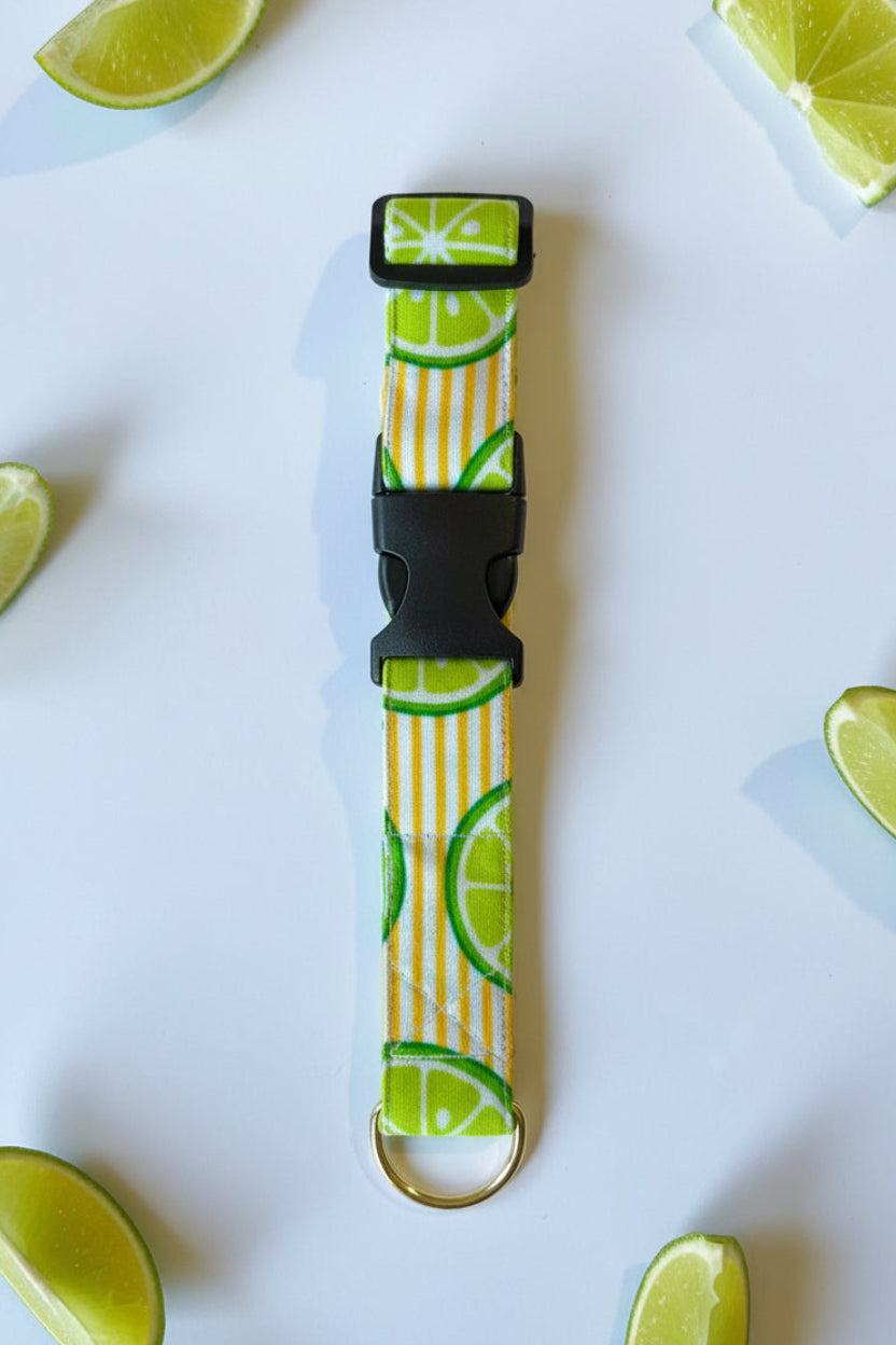 Dog collar with lime pattern and black release buckle verticle yellow stripes  metal gold d ring